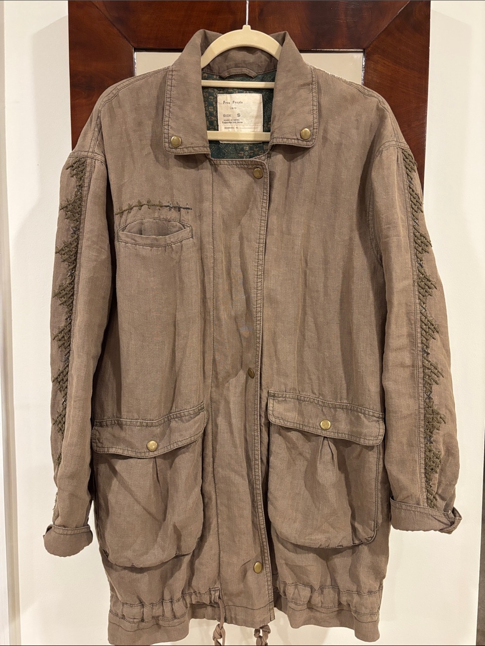 Free People olive/ Taupe Utility Jacket with Embroidered Sleeve & back Detail sm